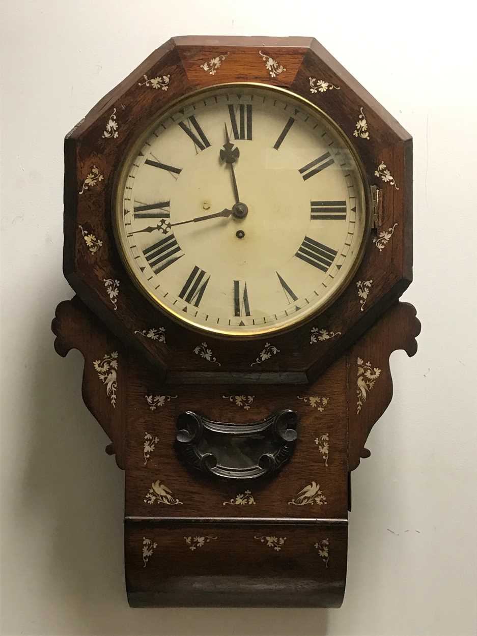 A Victorian rosewood case mother-of-pearl inlaid drop dial wall timepiece,