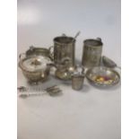 Two Georgian silver christening tankards, some silver flatware, a silver pin tray with painted