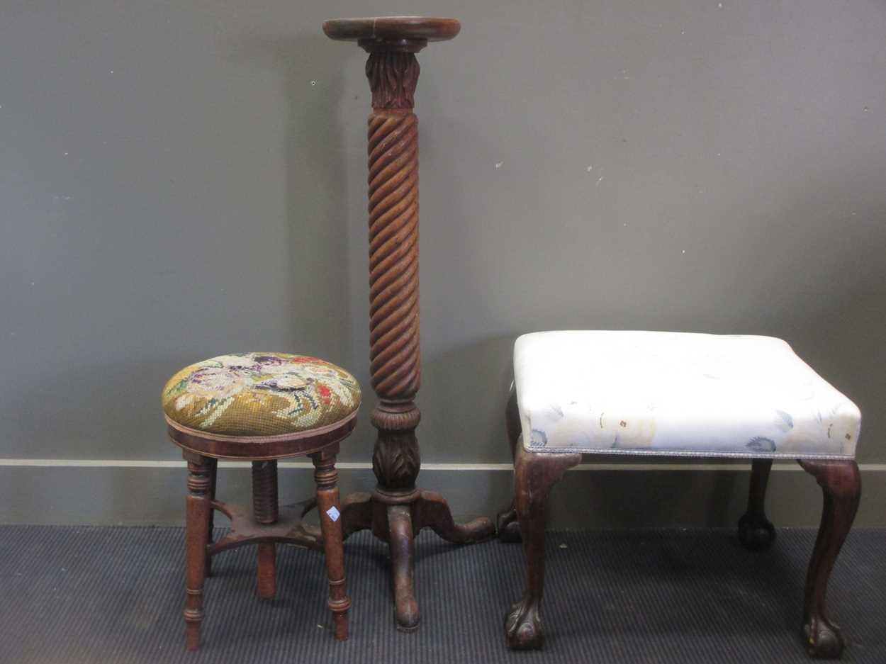 A George II style walnut stool together with a 19th centiury piano stand and a torchere (3)