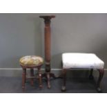 A George II style walnut stool together with a 19th centiury piano stand and a torchere (3)