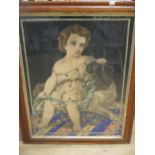 A Victorian maple framed decorative coloured print of a child with a dog