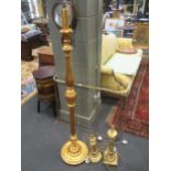 A gold painted standing lamp, two similar table lamp bases together with three mirrors (6)