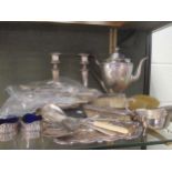 A collection of silverplated wares together with a silver backed dressing table set