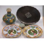 Pottery including a Della Robbia bowl (damaged) a Hugh Wallis copper and silver inlaid oval tray,