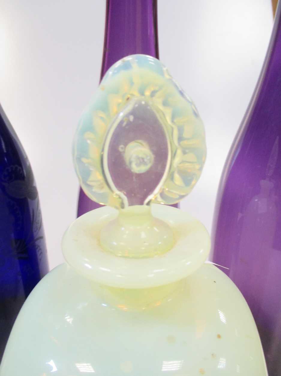 Three amethyst glass carafes, another blue glass example with etched decoration and others - Image 3 of 5