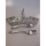A silver candle snuffer tray, together with a silver candle snuffer and two teaspoons, 10.2ozt gross