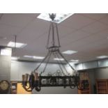 A wrought iron hanging chandelier