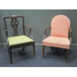A mahogany Chippendale style dining chair and another elbow chair, with upholstered arched back