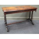 A 19th century inlaid library table, the rectangular top with rosewood cross banding and floral