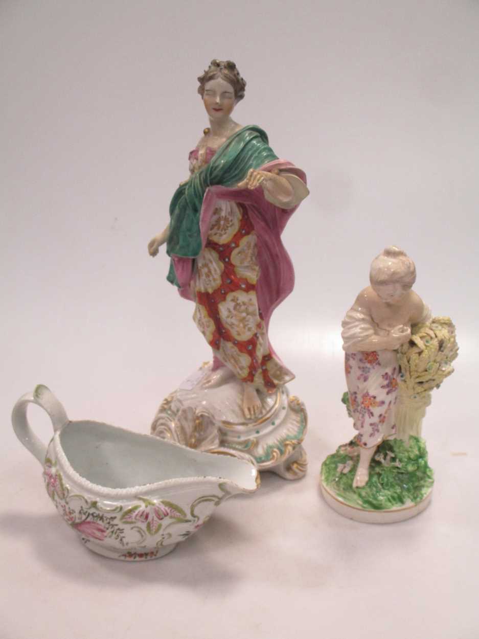 Three Derby figures (with damages and restoration) and an 18th century sauce boat (4)