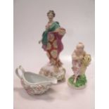 Three Derby figures (with damages and restoration) and an 18th century sauce boat (4)