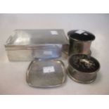 A silver cigarette box, a pin tray and two dressing table circular boxes (4)
