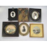 Three portrait miniatures, a Greek icon, and two miniature landscapes (6)