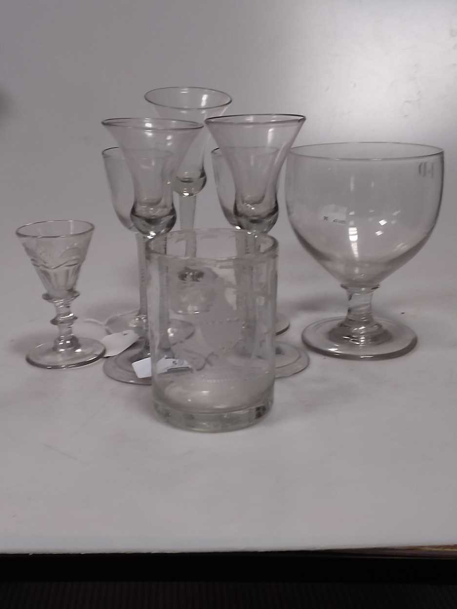 Small assortment of antique glasses including two opaque twist, some with slight damage (8)