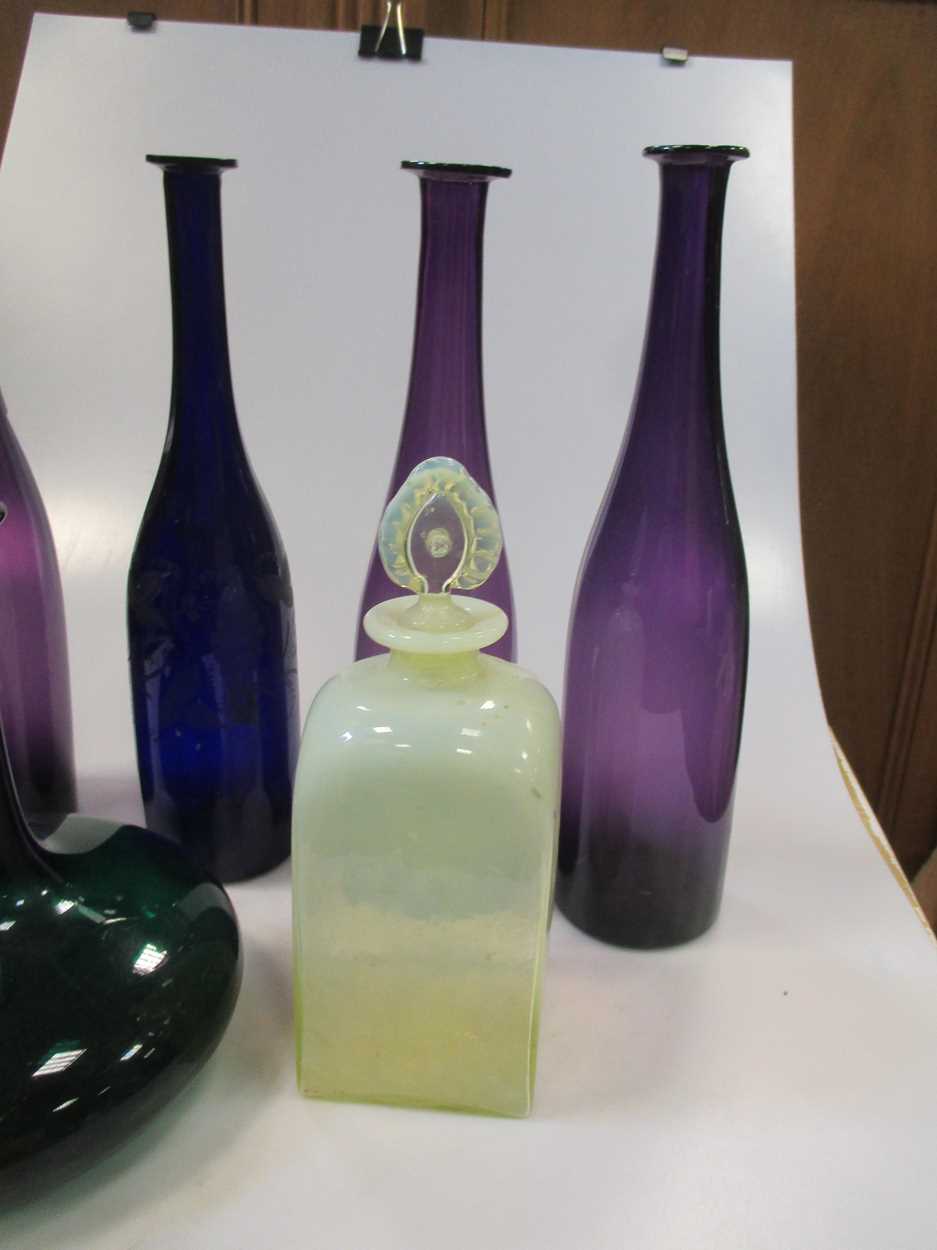 Three amethyst glass carafes, another blue glass example with etched decoration and others - Image 2 of 5