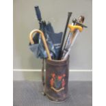 A leather 'shot-carrier' bin, and a gilt metal bamboo effect hat and coat rack