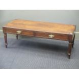 A mahogany coffee table, two drawers, turned legs, 111cm wide (cut down from a Victorian whatnot)