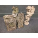Five assorted garden concrete ornaments and a reconstituted stone ammonite (6)