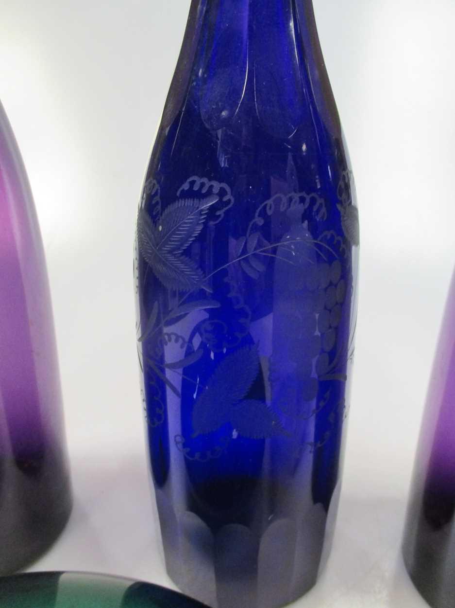 Three amethyst glass carafes, another blue glass example with etched decoration and others - Image 4 of 5