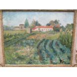 R. Williams, a vegetable plot with cottage beyond, signed, oil on board, 40 x 50cm