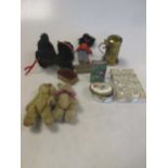 5 early 20th century miniature teddy bears/cats/golly, and a bag of miscellaneous items including