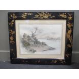 A pair of early 20th century Japanese watercolours, figures in landscape scenes, in dragon, bird and