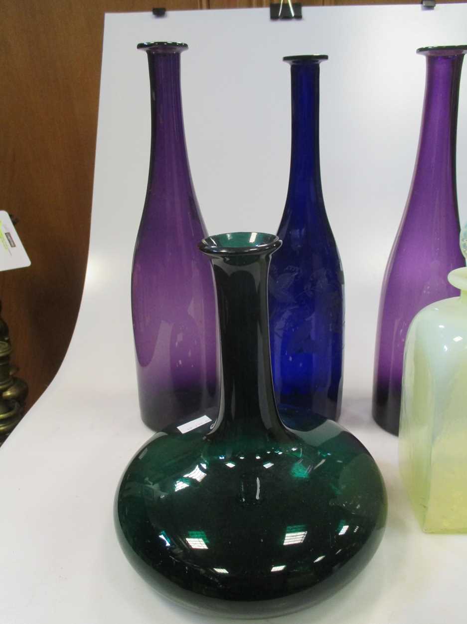 Three amethyst glass carafes, another blue glass example with etched decoration and others - Image 5 of 5