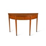 A Sheraton revival satinwood and marquetry inlaid demi-lune side table,