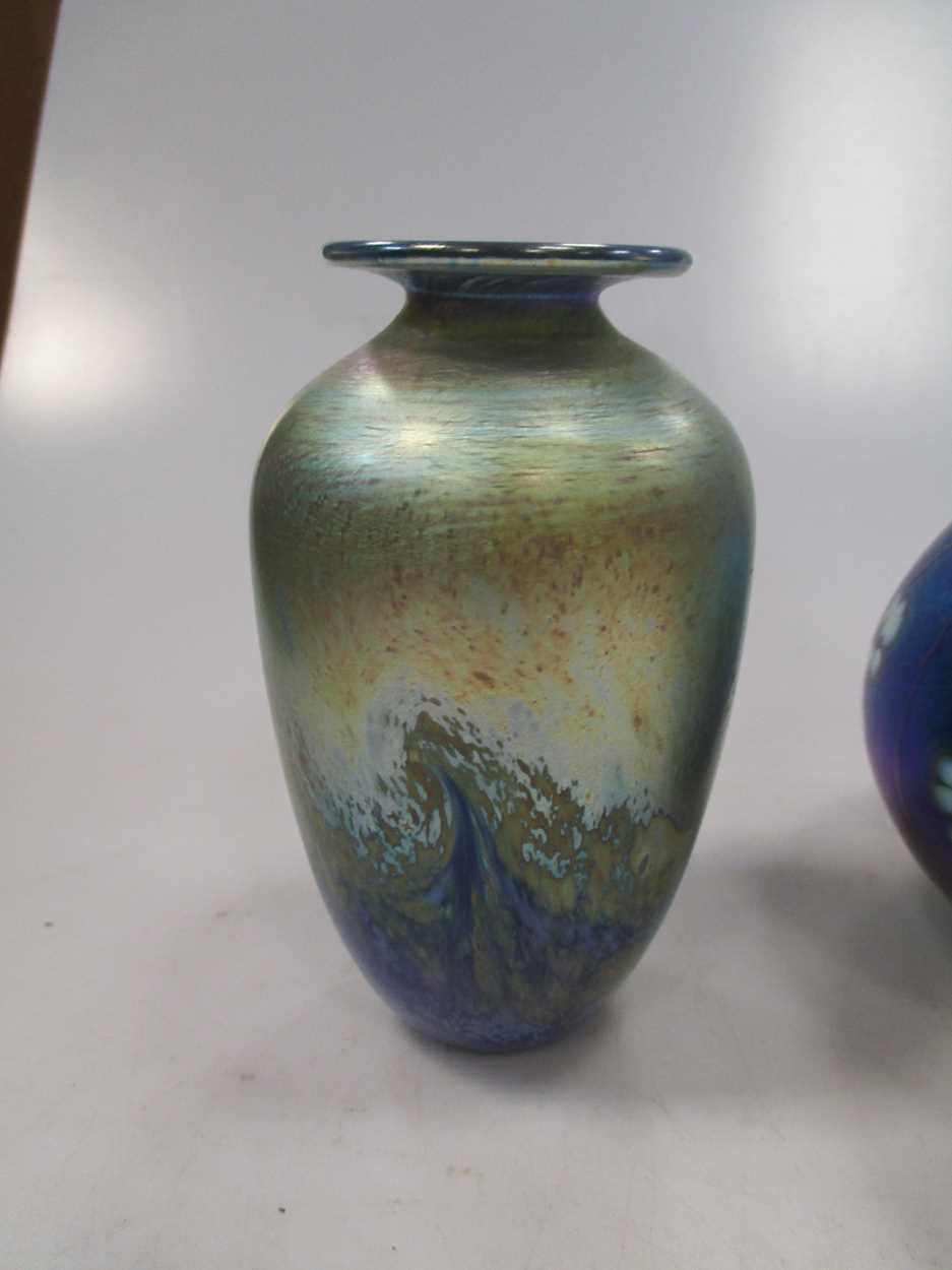 A Siddy Langley glass bottle and stopper together with another iridescent glass vase (indistinctly - Image 8 of 8