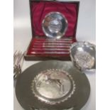 6 silver dessert spoons 10.9ozt together with a cased set of 6 silver handled fruit knives and three