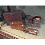 A 19th century leather stationery box, cased sets of scalpels, miniature toy camera, opera glasses