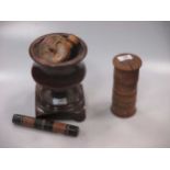 A mauchline ware spice tower, a tartan ware egg-shaped thimble case, a treen urn on stand and