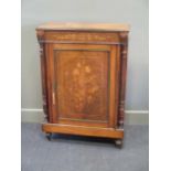 A 19th century walnut and marquetry single door cabinet on turned feet, 76cm wide