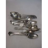 Two George III bright cut silver teaspoons, nine other silver teaspoons, two larger silver spoons