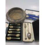 A set of 6 silver gilt & enamel coffee spoons, art deco, cased. A silver christening spoon, cased. A