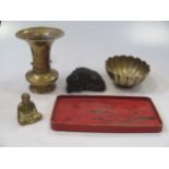 A Chinese red lacquered tray; a model Buddha; bronze lotus bowl, a vase and resin model of a water