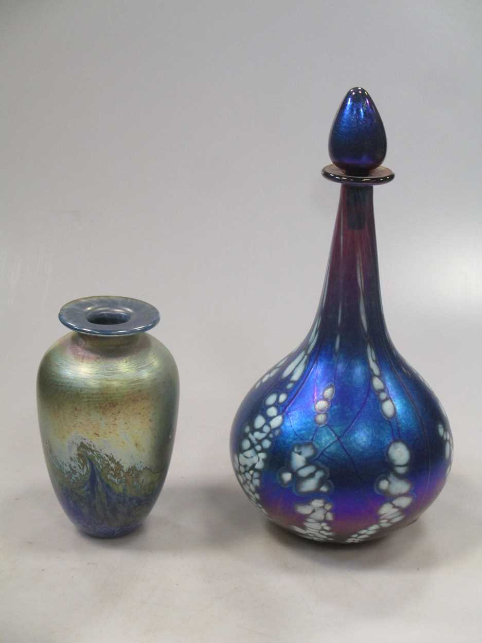 A Siddy Langley glass bottle and stopper together with another iridescent glass vase (indistinctly
