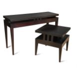 A Vienna style stained hardwood console table and occasional table en suite, each raised on tapering