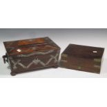 A Regency rosewood and mother of pearl inlaid sarcophagus shape work box with some contents, and a