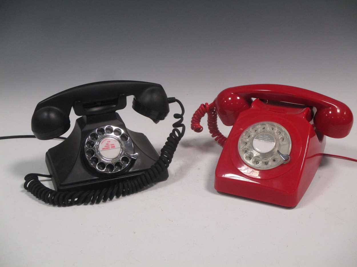 Two modern copies of telephones, one red 'GPO 746 rotary' and one black 'GPO 200' (2)