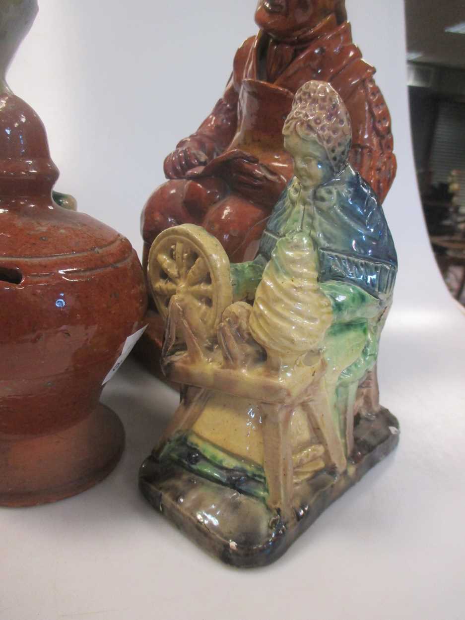 Three glazed pottery seated figures, a Toby jug, another jug, and a pair of glazed money boxes, 19th - Image 2 of 5