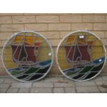 A pair of 1930's stained glass roundels with ships 50cm diameter