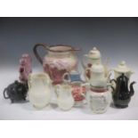 A large 19th century lustre jug, three pearl-ware coffee pots and covers and various items of