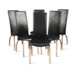 A set of six black vinyl and chrome high-back dining chairs,