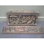 Two Indian carved hardwood panels, depicting traditional figural scenes, 85 and 105cm long (2)