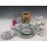 A modern 'delft' blue and white plate, an 'Indian tree' vase, other ceramics and glassware.