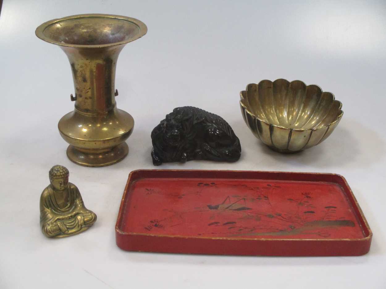 A Chinese red lacquered tray; a model Buddha; bronze lotus bowl, a vase and resin model of a water
