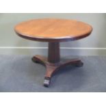 A Victorian mahogany pedestal breakfast table with tilt-top, on an octagonal tapering column and