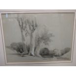 Continental school 20th century, man resting by trees, pencil with white highlights,