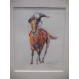 Jacqui Jones (British 1961-) Racehorse with jockey up signed watercolour 37 x 28cm